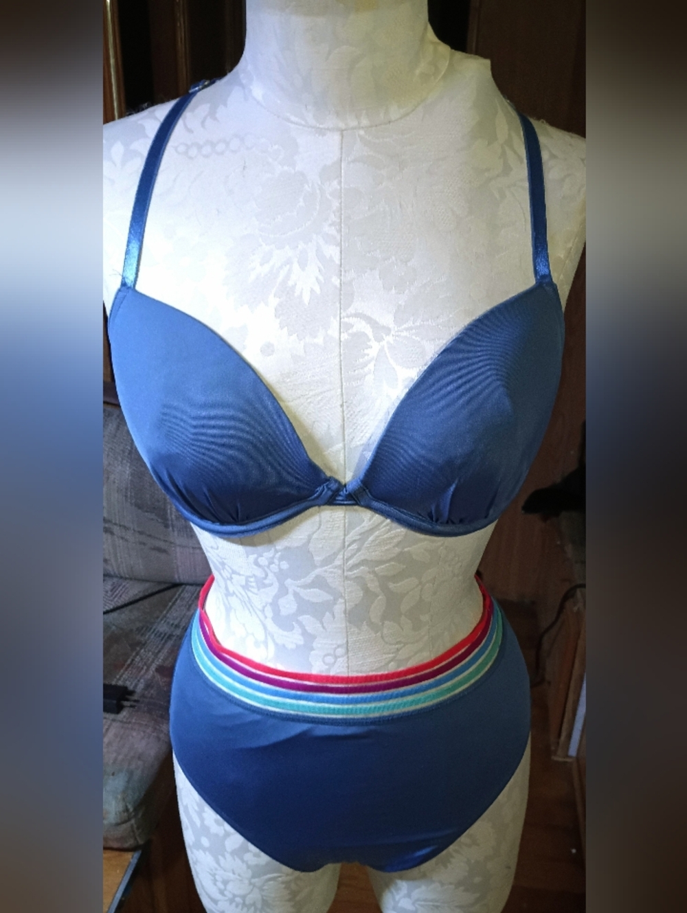 Navy Blue Two-Piece Bikini Set with Rainbow Waistband size medium